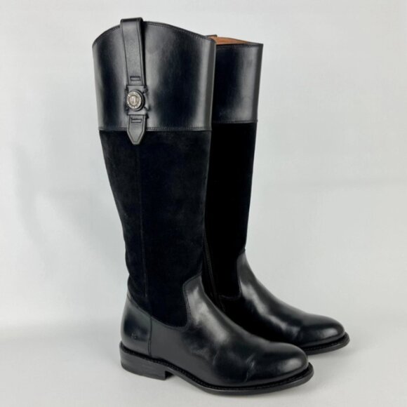 Frye Jayden Full Zip Leather Suede Tall Black Riding Boots Heeled Knee High - Picture 1 of 11